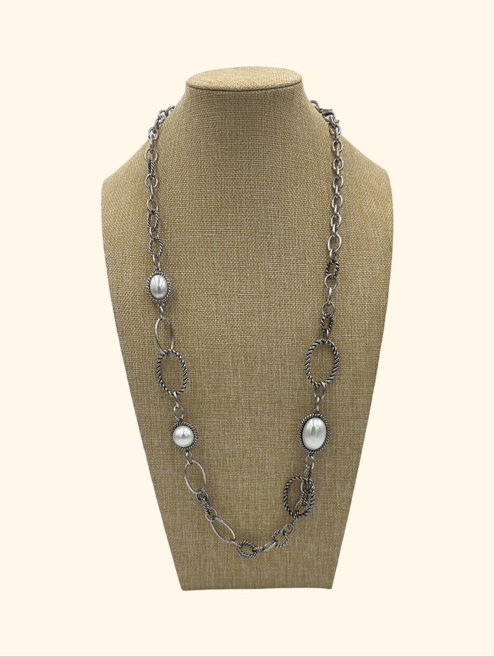 Premier Designs Long Silver Faux Pearl-Accent Link Necklace‎